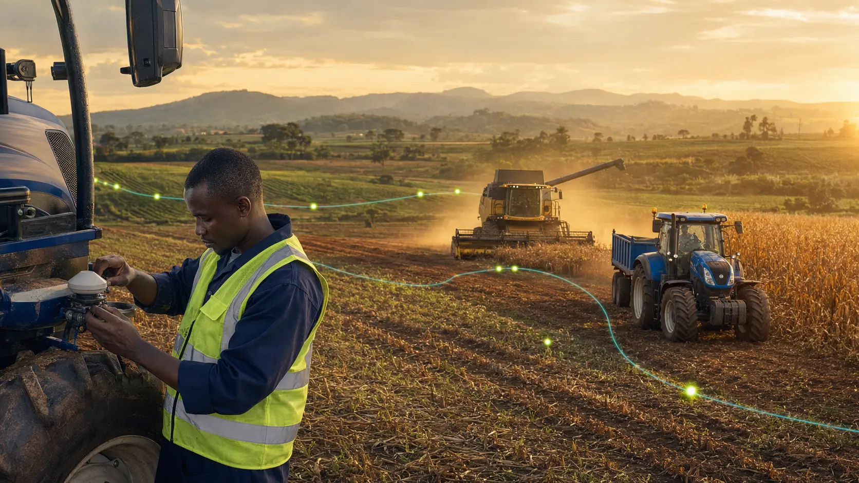 Field technician checking a telematics sensor on a modern agricultural fleet