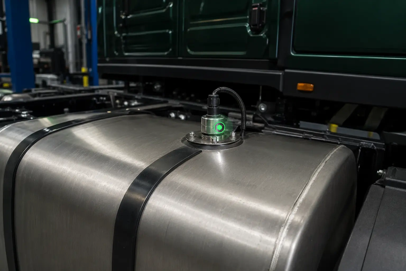 Wireless capacitive fuel-level sensor mounted through the top of a commercial truck fuel tank