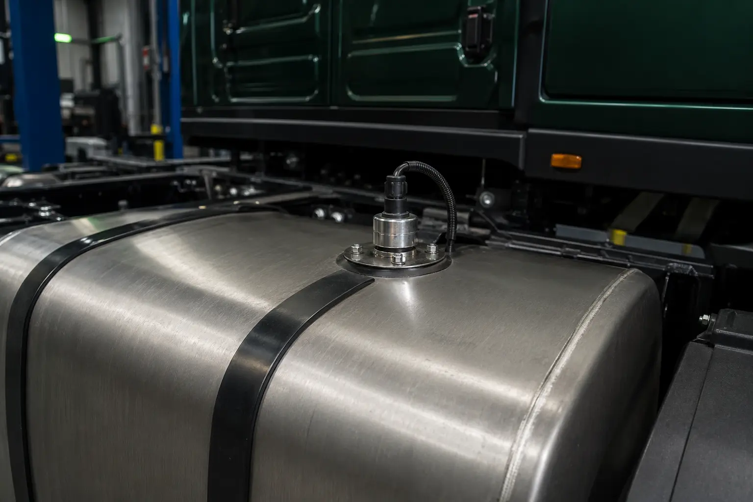 Wireless capacitive fuel-level sensor mounted through the top of a commercial truck fuel tank