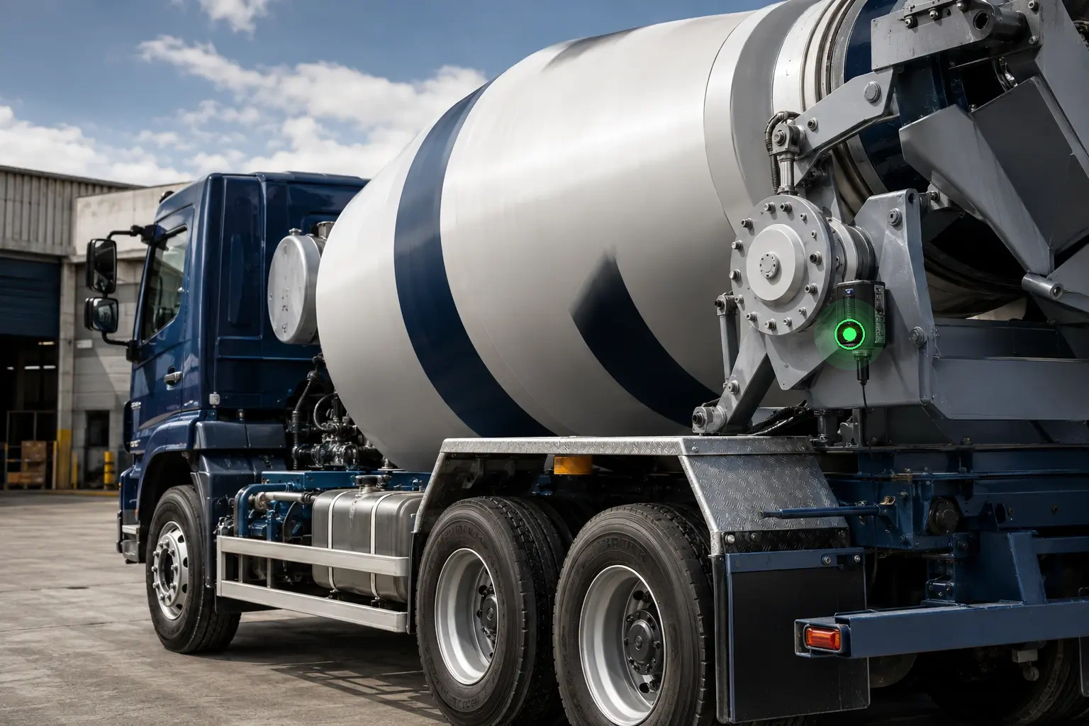 Wireless rotational sensor installed beside a concrete mixer drum drive