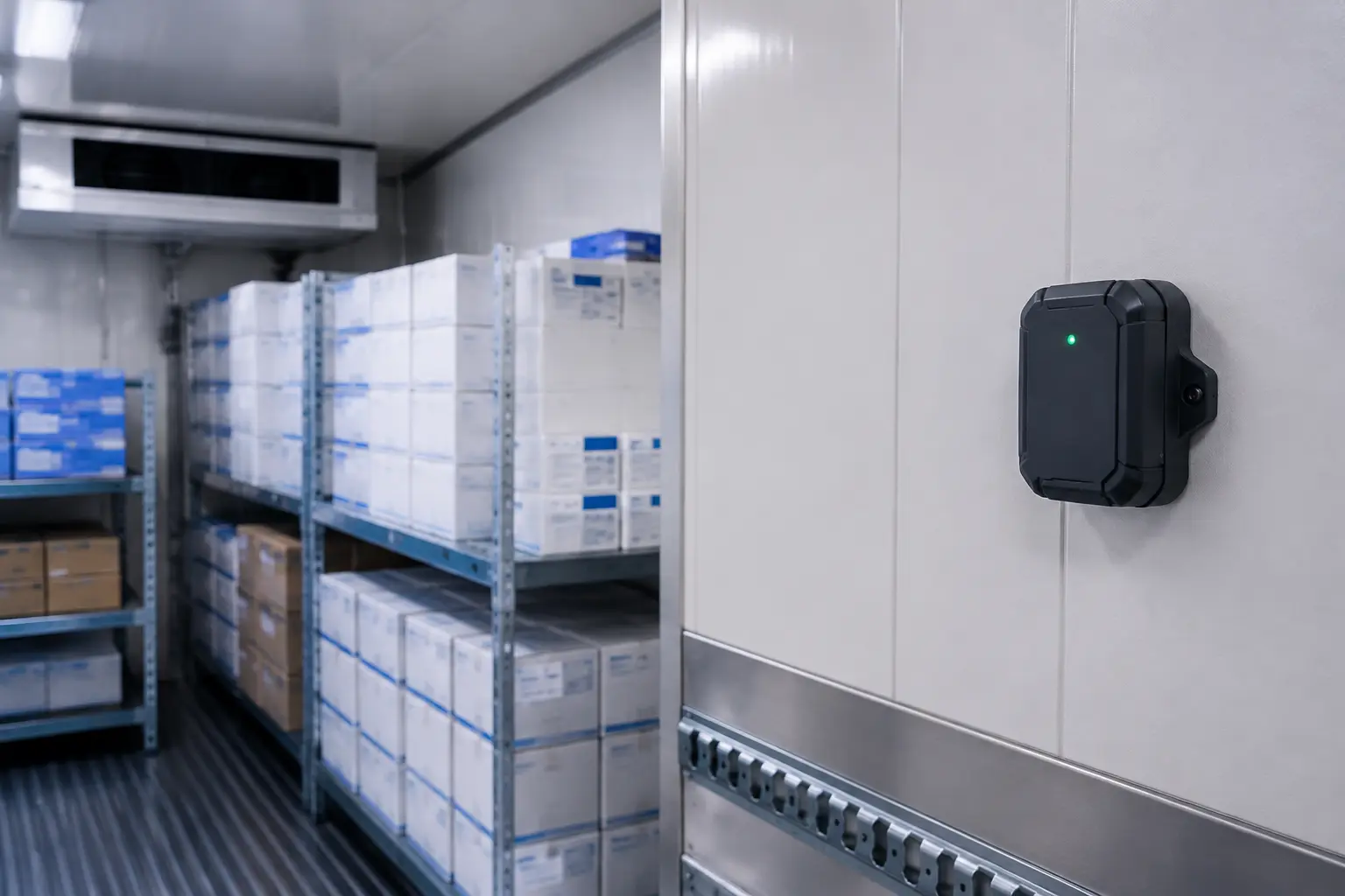 Wireless temperature sensor mounted inside a refrigerated cargo trailer