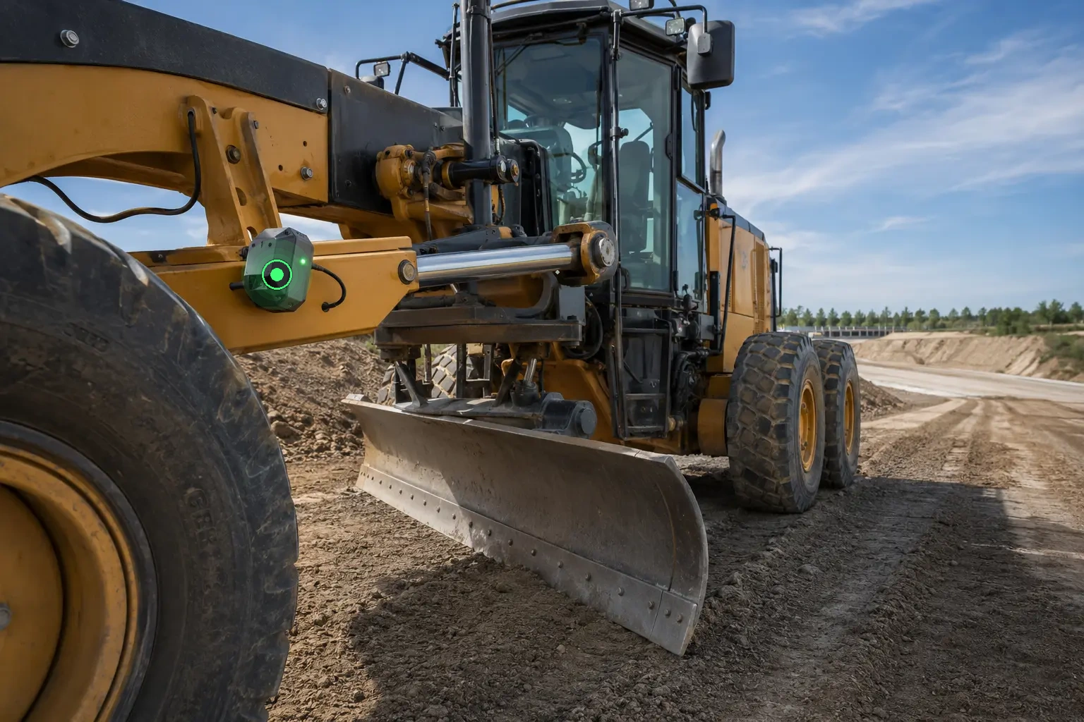Wireless tilt and angle sensor installed on a motor grader blade linkage