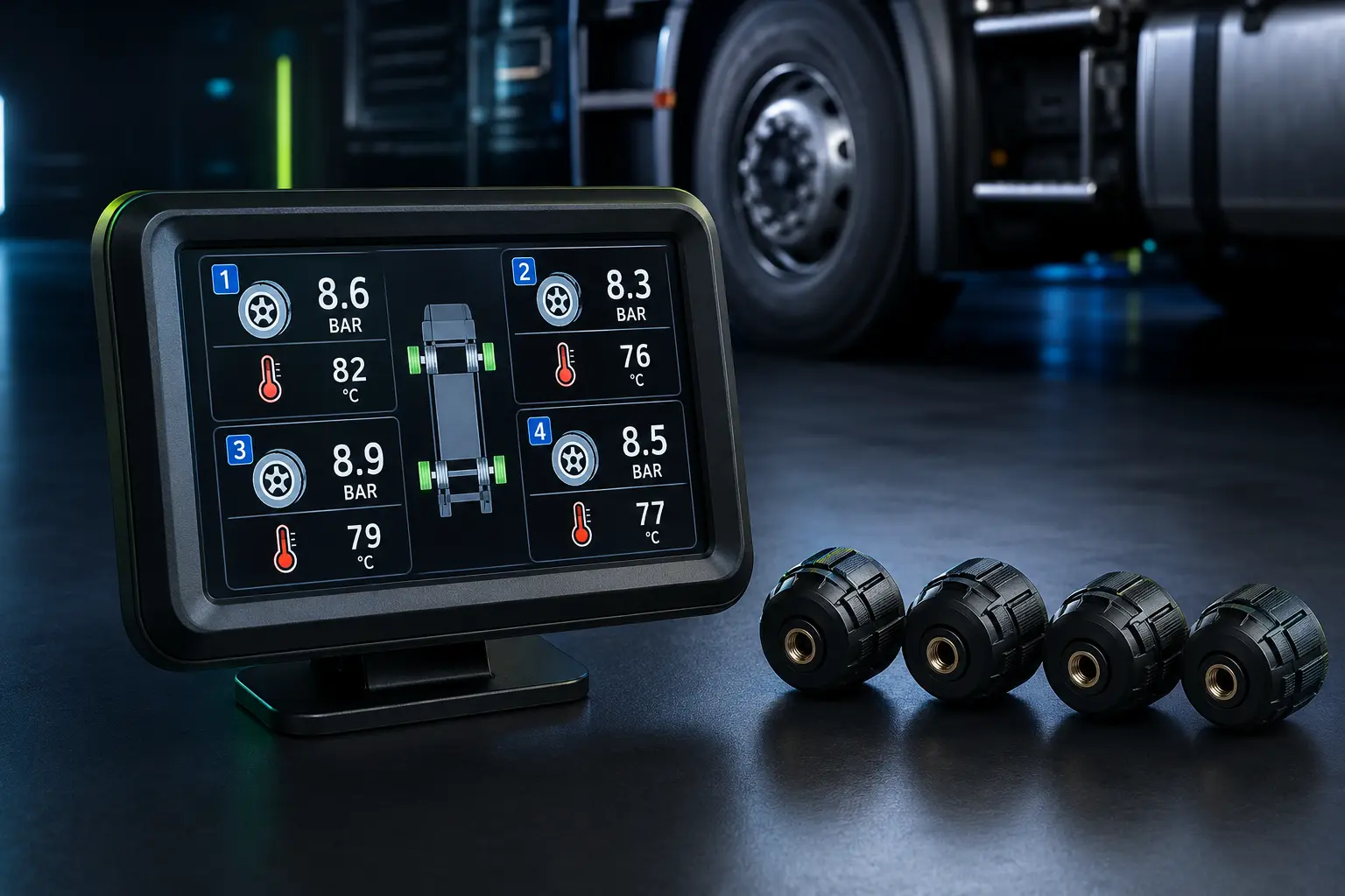 Dashboard tyre-pressure and temperature display with four wireless valve sensors