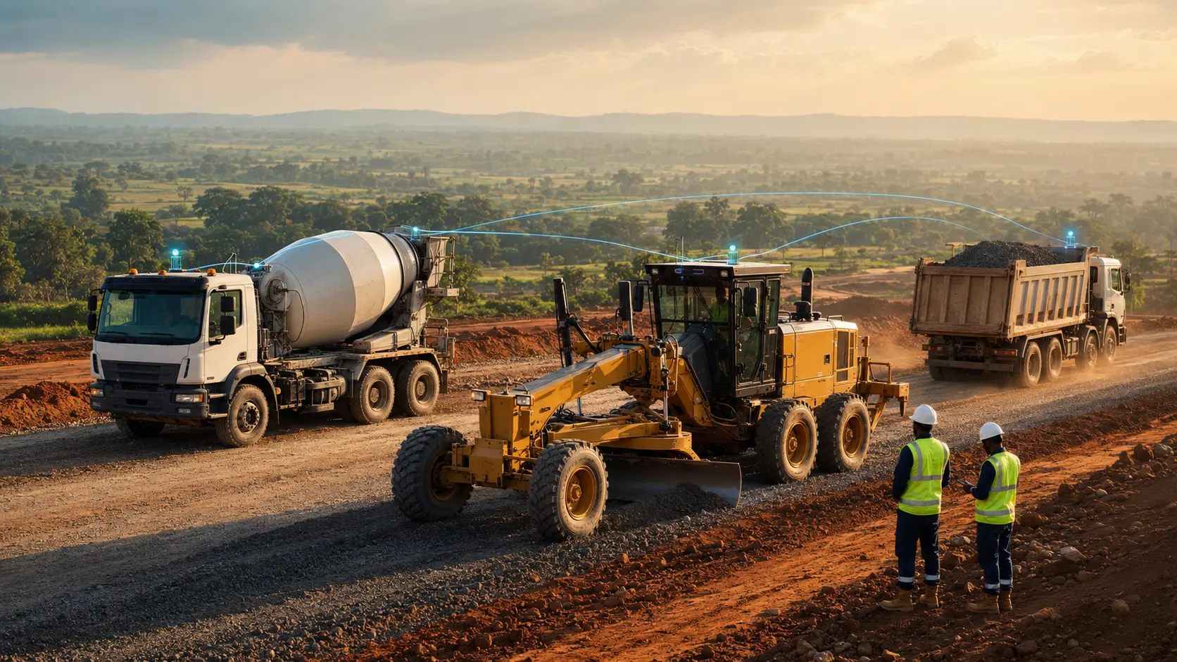 Concrete mixer, motor grader and dump truck operating on an East African road project