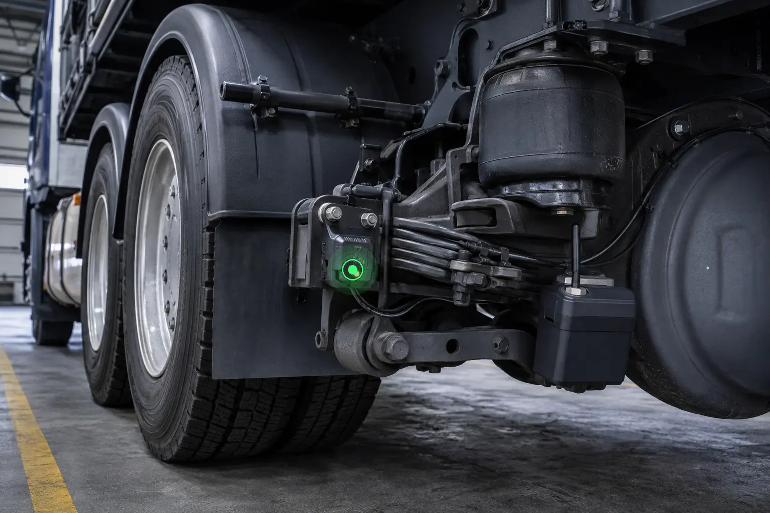 Wireless axle-load monitoring equipment installed on a heavy truck suspension