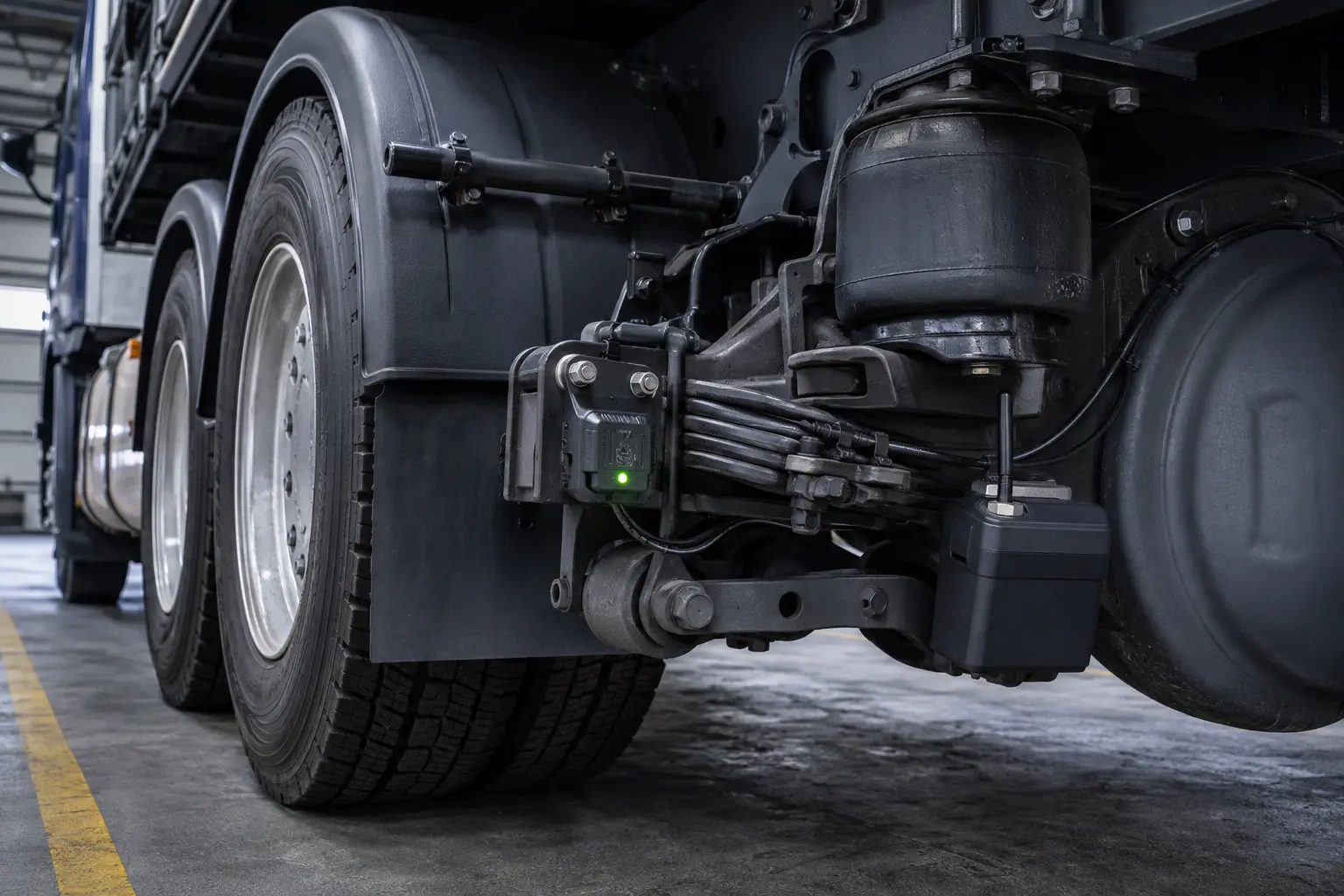 Wireless axle-load monitoring equipment installed on a heavy truck suspension