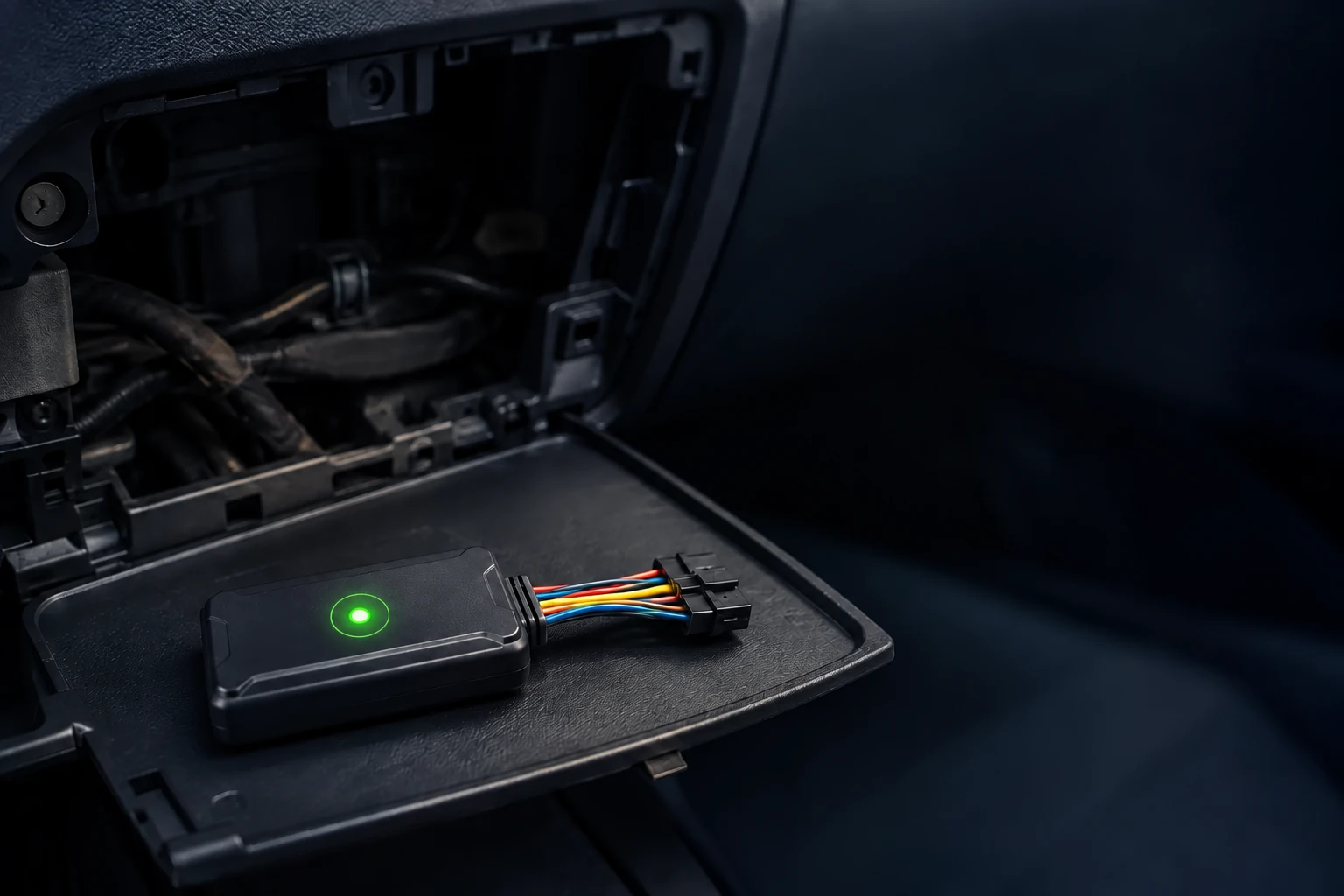 Compact hardwired vehicle GPS tracker with wiring harness installed behind a dashboard