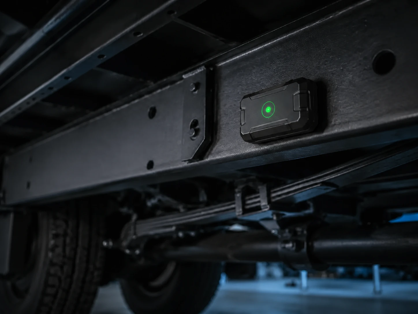 Rugged battery-powered magnetic GPS tracker mounted discreetly beneath a vehicle frame