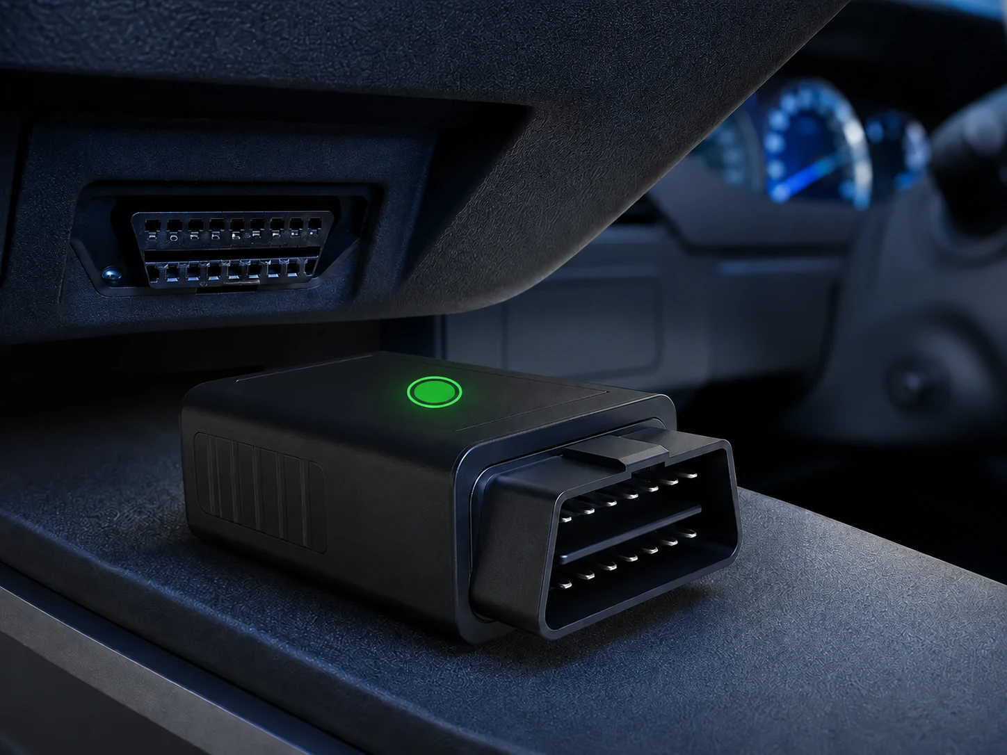 OBD-II plug-in GPS tracker positioned beside a vehicle diagnostic port