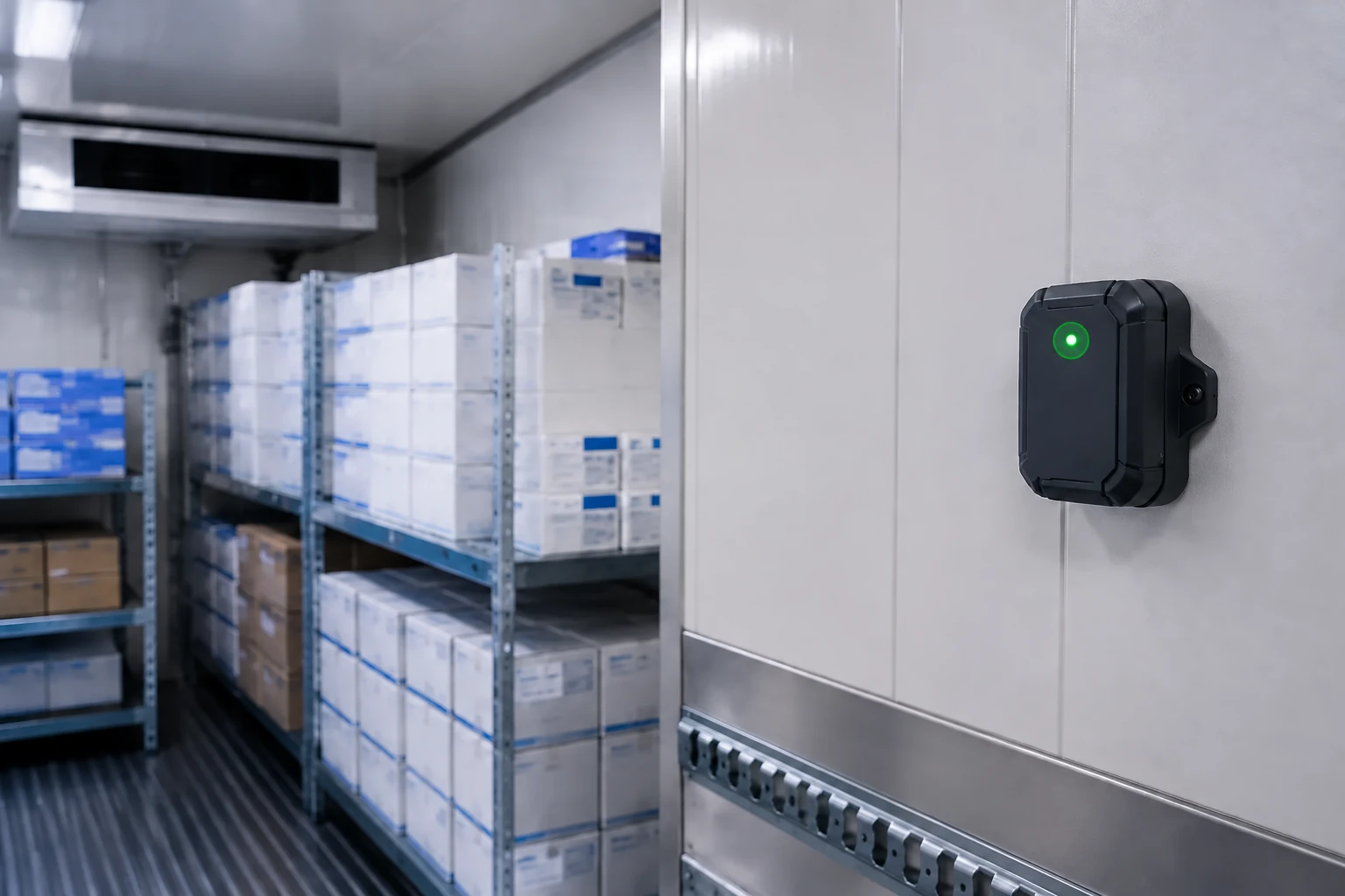 Wireless temperature sensor mounted inside a refrigerated cargo trailer