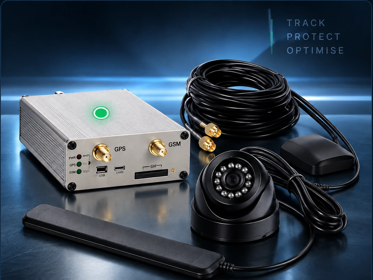 BusPro TS W100 GPS tracker unit with connected road-facing camera and antennas
