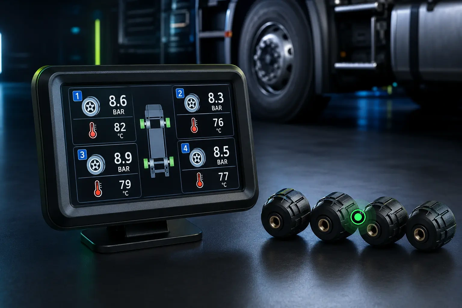 Dashboard tyre-pressure and temperature display with four wireless valve sensors