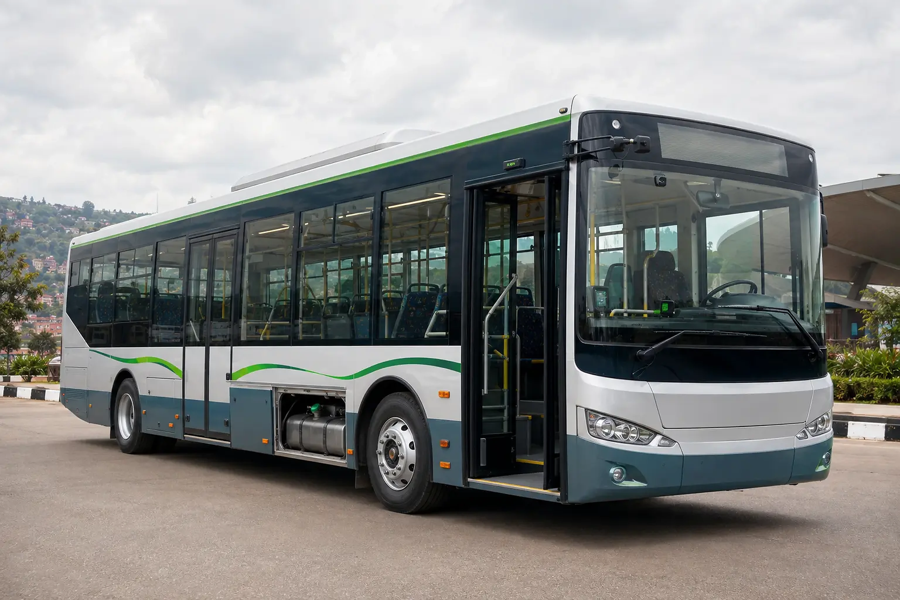 Modern passenger bus with installed route, video, fuel, passenger and driver-identification devices