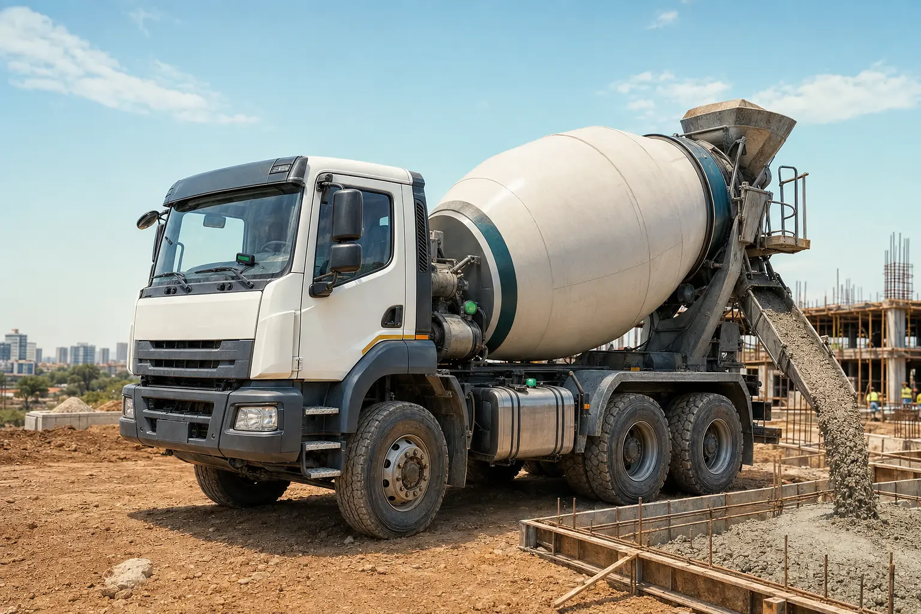 Concrete mixer truck with installed GPS, fuel and drum-rotation monitoring devices
