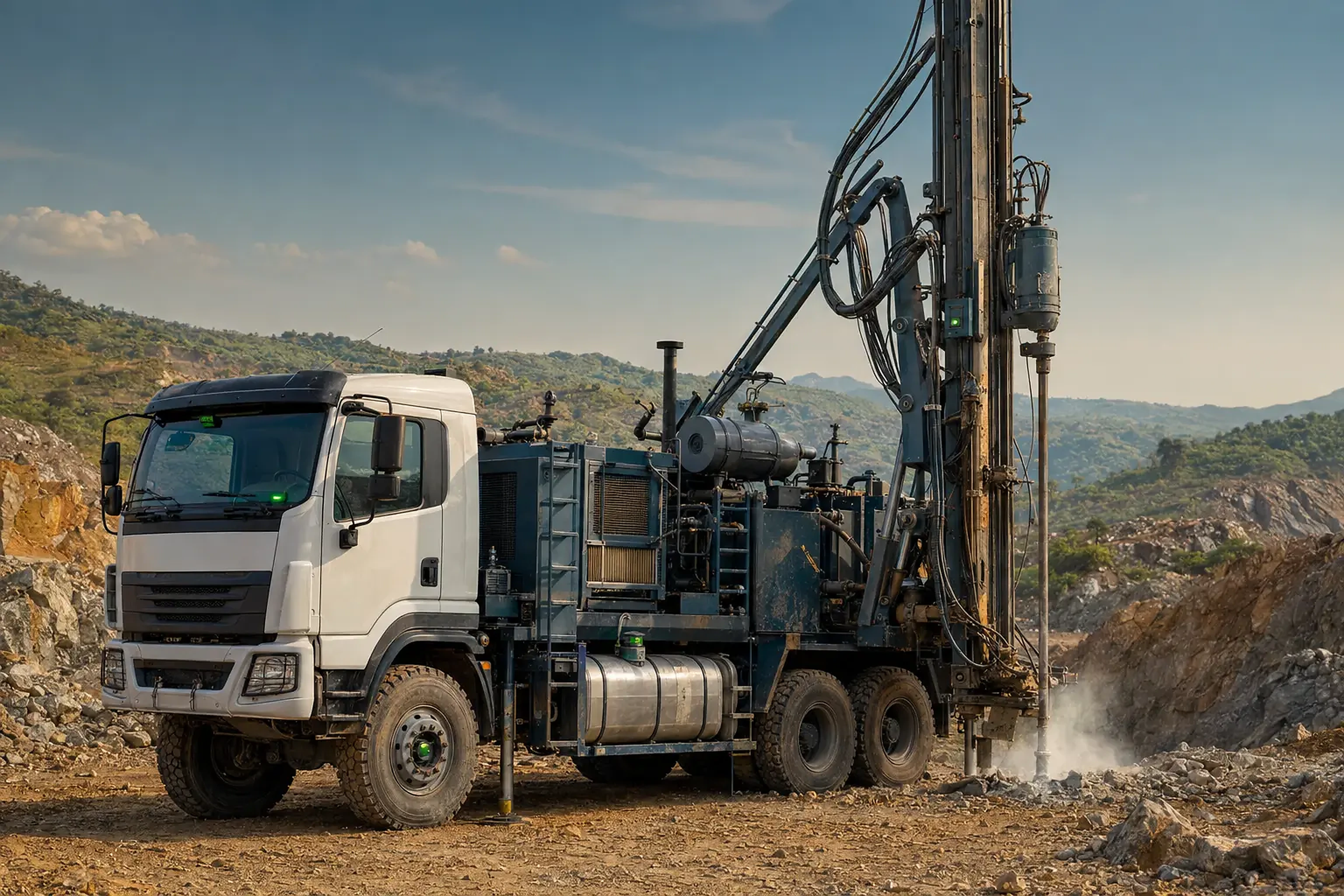 Truck-mounted drilling rig with installed camera, GPS, fuel, angle and tyre sensors