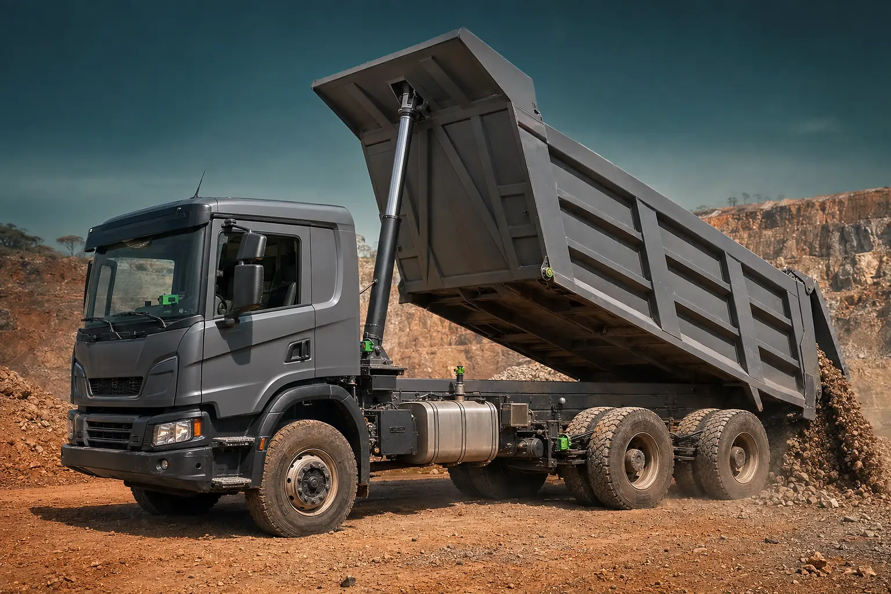 Dump truck with installed GPS, fuel, axle-load and dump-angle sensors