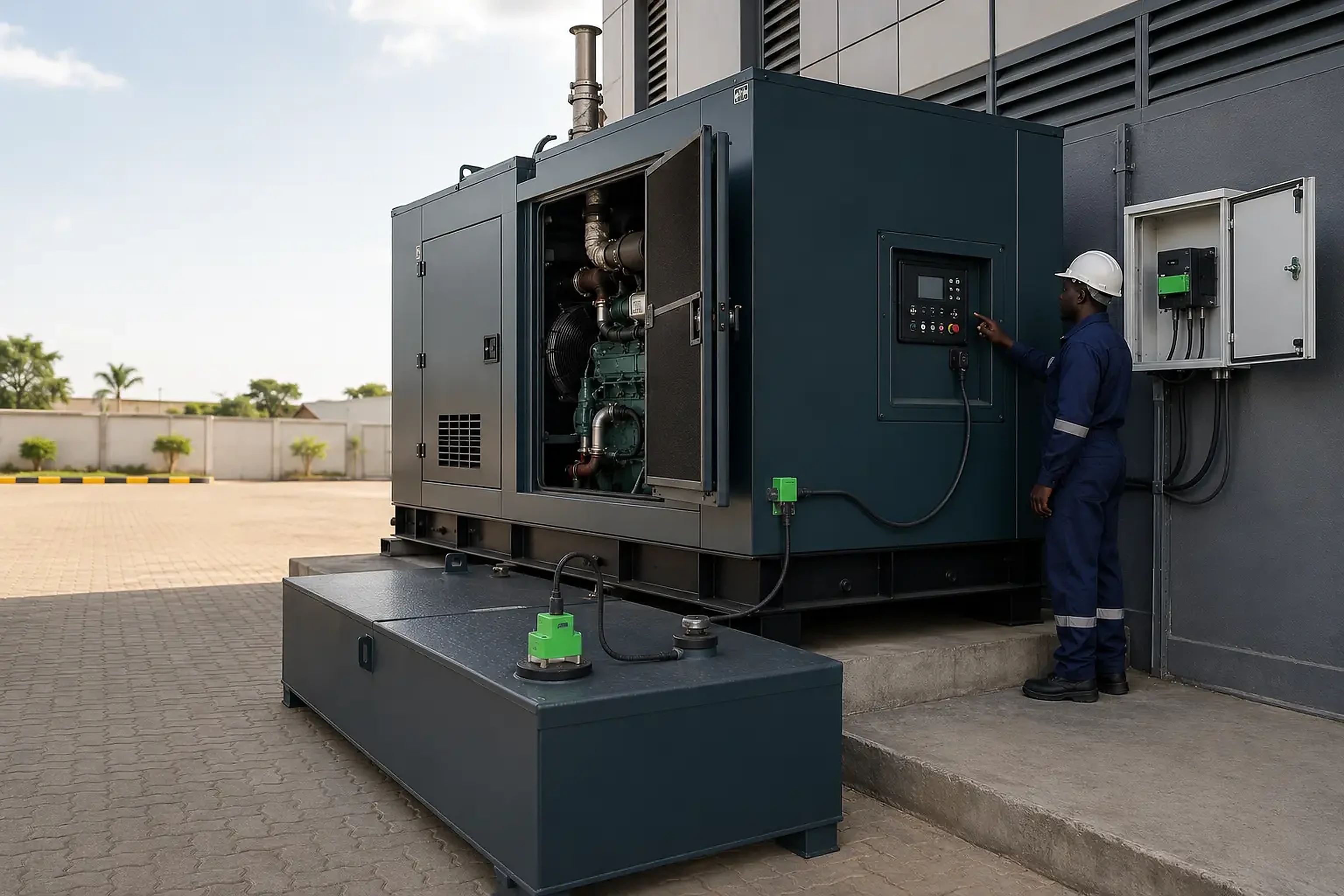 Industrial diesel generator with fuel and data-processor monitoring devices
