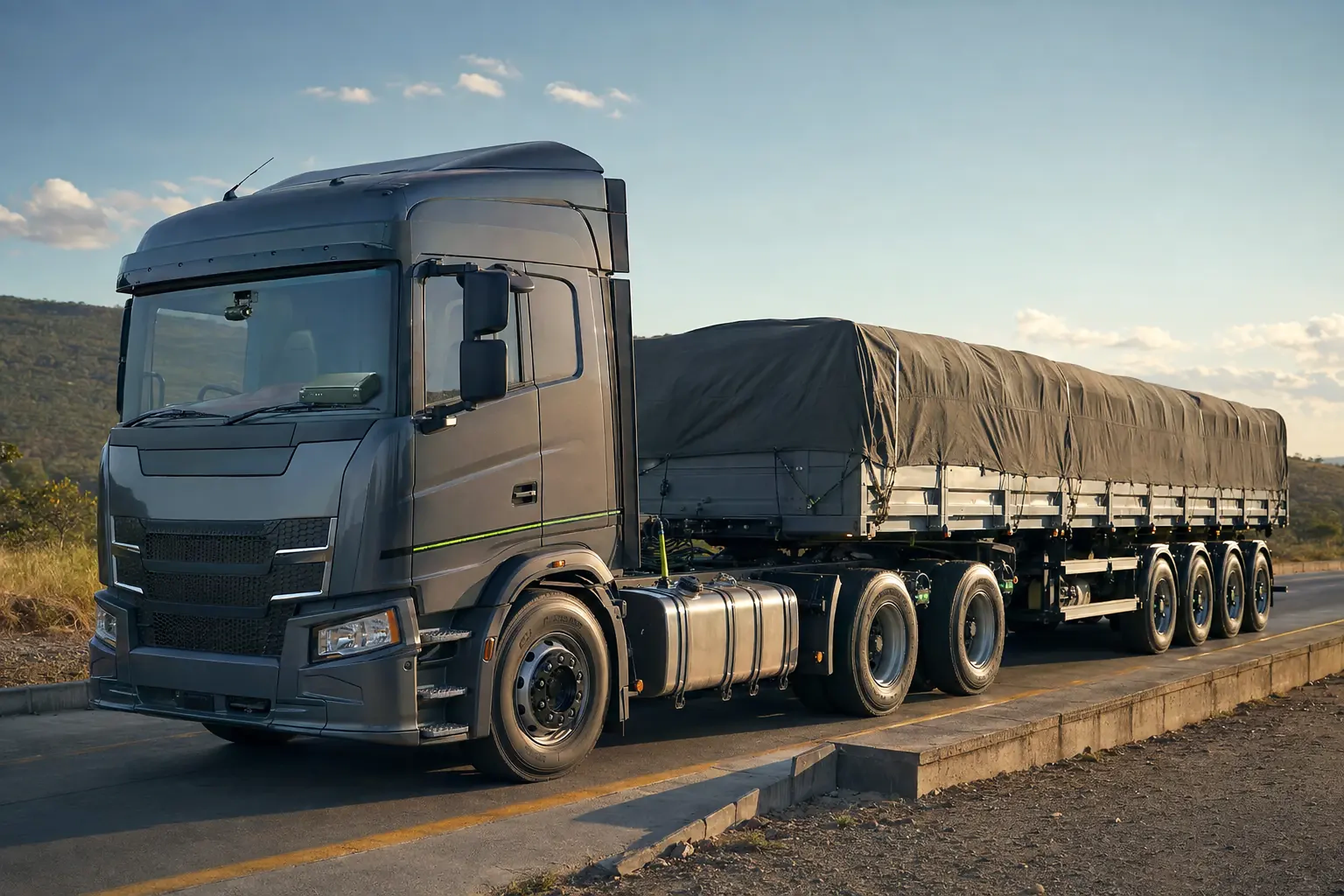 Heavy goods truck with installed GPS, road camera, fuel and axle-load monitoring devices