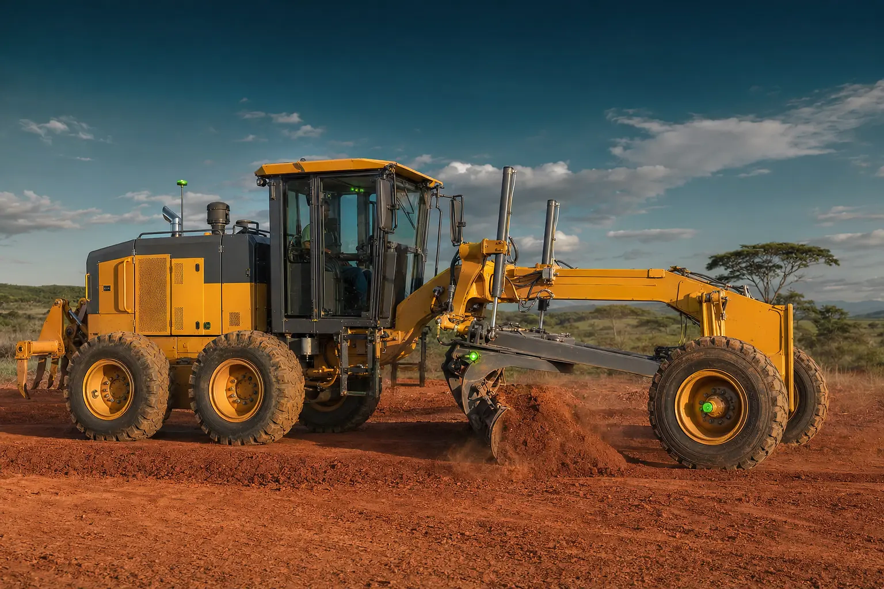 Motor grader with installed GPS, fuel, axle-rotation and blade-angle sensors