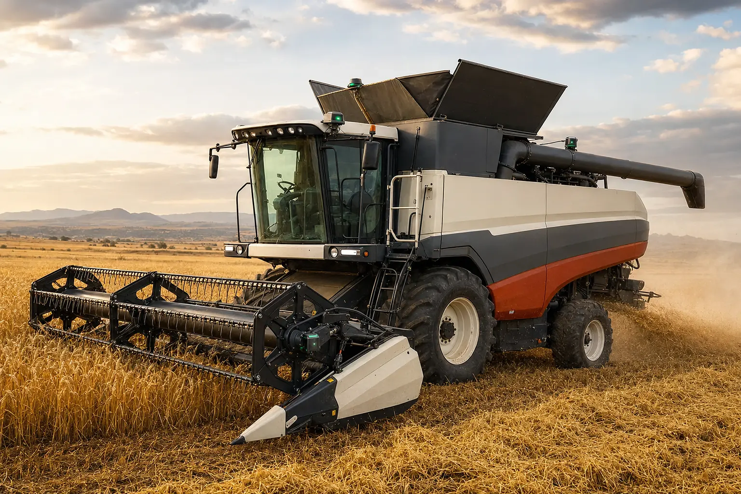 Combine harvester cutting grain with installed yield, tracking, fuel and rotation sensors