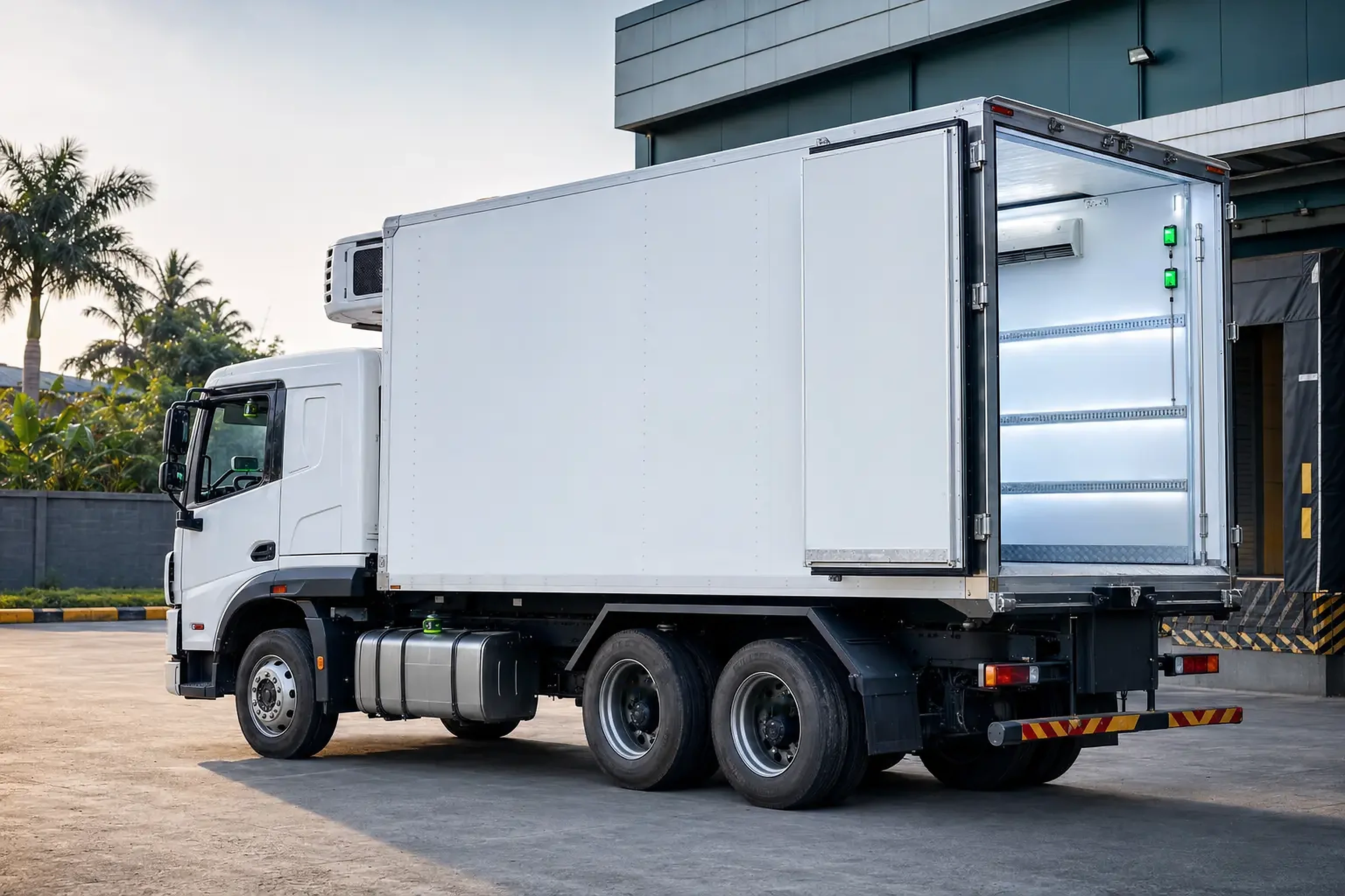 Refrigerated truck with installed tracking, fuel, axle-load, temperature and humidity sensors