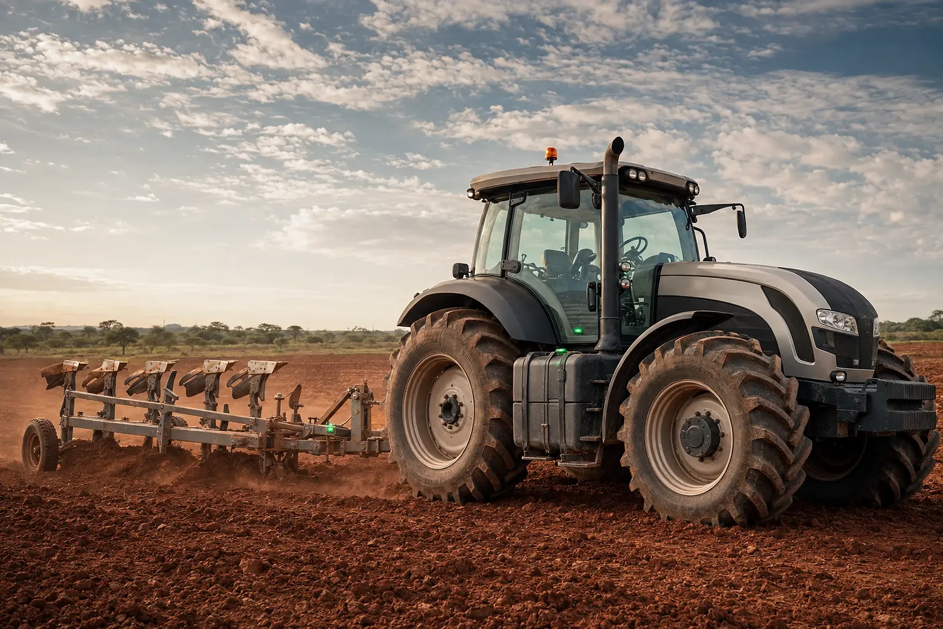 Agricultural tractor actively ploughing a measured area of farmland with installed telematics devices