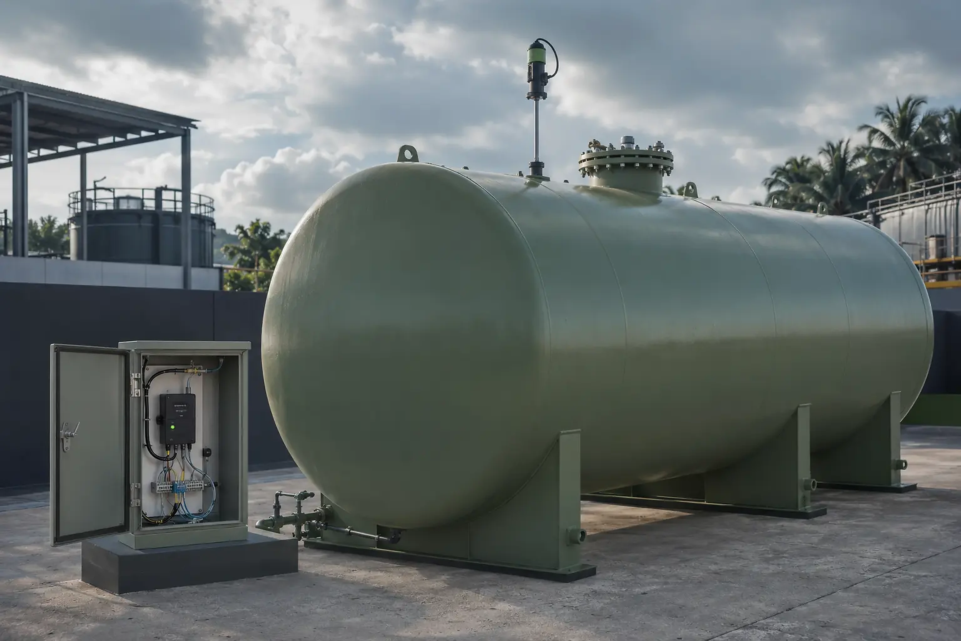 Stationary tank with a top-mounted level probe and separate data-processor cabinet